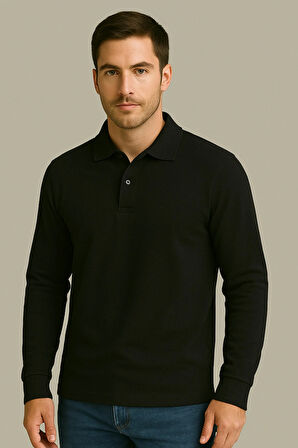 Regular Fit %100 Pamuk Polo Yaka Uzun Kollu Basic T-Shirt