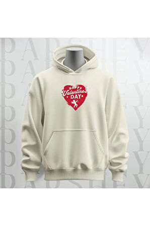Happy Valentine's Day Kalp Desenli Kapüşonlu Oversize Sweatshirt Hoodie Kalın Kumaş 3 İplik Şardonlu
