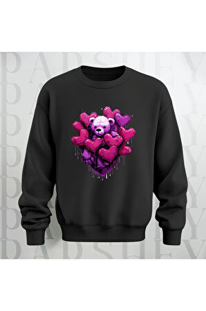 Love Teddy Deseni Baskılı Bisiklet Yaka Unisex Oversize Kalıp Sweatshirt 3 İplik Şardonlu