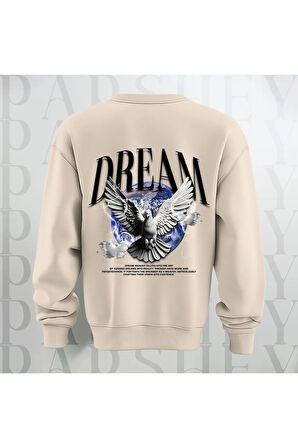 Dream Kuş Desenli Sırt Baskılı 3 İplik Şardonlu Oversize Unisex Bisiklet Yaka Sweatshirt