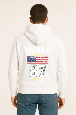NYORK 87 Baskılı Oversize Hoodie – Amerikan Bayraklı Brooklyn New York City Kapüşonlu Sweatshirt