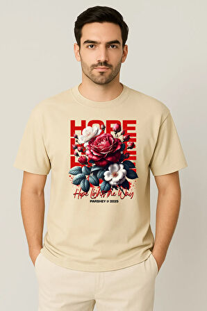 Erkek - Kadın %100 Pamuk Hope Gül Desenli Baskılı Yarım Kollu Bisiklet Yaka T-Shirt