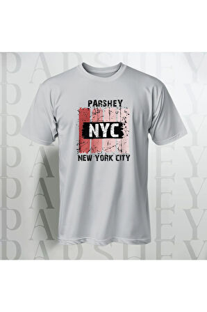 Erkek - Kadın %100 Pamuk New York City Parshey Baskılı Yarım Kollu Bisiklet Yaka T-Shirt