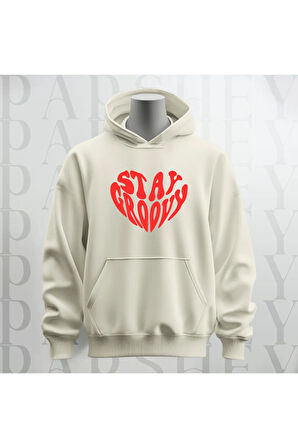 Stay Groovy Kalp Şekilli Baskılı Kapüşonlu Oversize Sweatshirt Hoodie Kalın Kumaş 3 İplik Şardonlu