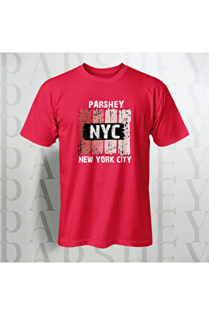 Erkek - Kadın %100 Pamuk New York City Parshey Baskılı Yarım Kollu Bisiklet Yaka T-Shirt