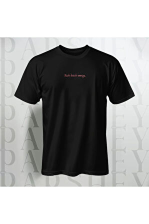 Rich Bitch Energy Göğüs Yazı Baskılı Unisex Oversize Bisiklet Yaka %100 Pamuk T-Shirt