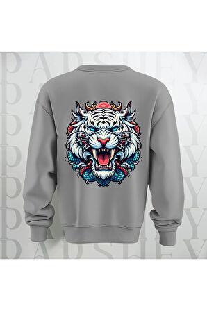 Tiger Baskılı Kalın Kumaş 3 İplik Şardonlu Oversize Unisex Bisiklet Yaka Sweatshirt