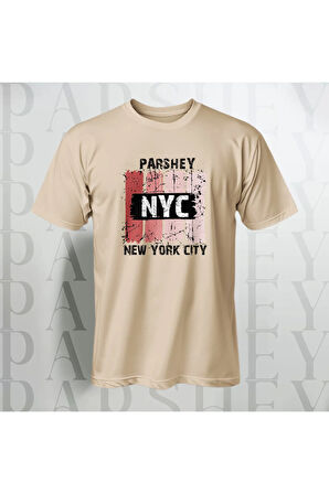 Erkek - Kadın %100 Pamuk New York City Parshey Baskılı Yarım Kollu Bisiklet Yaka T-Shirt
