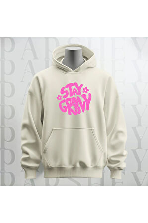 Stay Groovy Göğüs Baskılı Kapüşonlu Unisex Sweatshirt Hoodie Kalın Kumaş 3 İplik Şardonlu