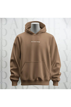 Rich Bitch Energy Yazı Göğüs Baskılı Kapüşonlu Unisex Sweatshirt Hoodie Kalın Kumaş 3 İplik Şardonlu