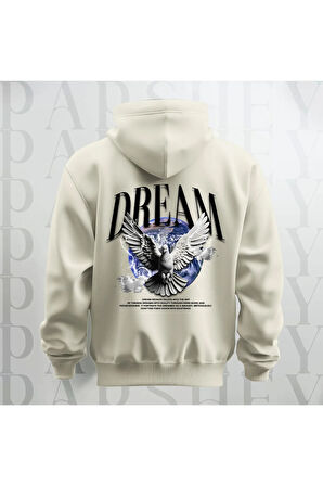 Dream Kanatlı Kuş Sırt Baskılı Kapüşonlu Oversize Sweatshirt Hoodie Kalın Kumaş 3 İplik Şardonlu