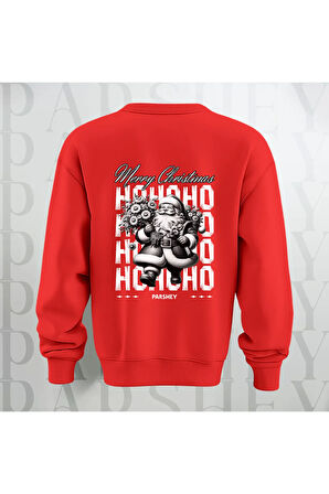 Merry Christmas Noel Baba Sırt Baskılı 3 İplik Şardonlu Oversize Bisiklet Yaka Sweatshirt