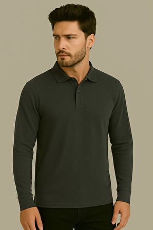 Regular Fit %100 Pamuk Polo Yaka Uzun Kollu Basic T-Shirt
