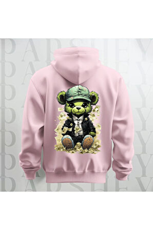 Paralı Teddy Sırt Baskılı Kapüşonlu Unisex Oversize Sweatshirt Hoodie Kalın Kumaş 3 İplik Şardonlu