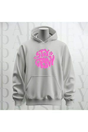 Stay Groovy Göğüs Baskılı Kapüşonlu Unisex Sweatshirt Hoodie Kalın Kumaş 3 İplik Şardonlu