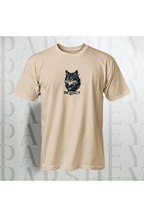 Erkek - Kadın Unisex Yarım Kollu Parshey Kurt Baskılı Bisiklet Yaka %100 Pamuk Oversize T-shirt