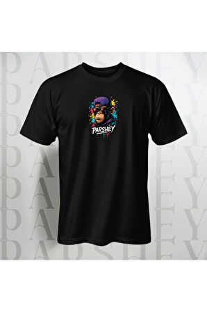 Erkek - Kadın Unisex Graffiti Maymun Baskılı Yarım Kollu Bisiklet Yaka %100 Pamuk Oversize T-shirt