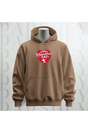 Happy Valentine's Day Kalp Desenli Kapüşonlu Oversize Sweatshirt Hoodie Kalın Kumaş 3 İplik Şardonlu