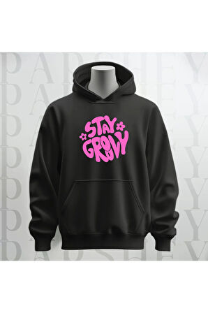 Stay Groovy Göğüs Baskılı Kapüşonlu Unisex Sweatshirt Hoodie Kalın Kumaş 3 İplik Şardonlu