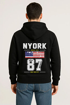 NYORK 87 Baskılı Oversize Hoodie – Amerikan Bayraklı Brooklyn New York City Kapüşonlu Sweatshirt