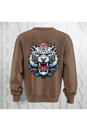 Tiger Baskılı Kalın Kumaş 3 İplik Şardonlu Oversize Unisex Bisiklet Yaka Sweatshirt