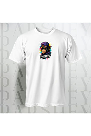 Erkek - Kadın Unisex Graffiti Maymun Baskılı Yarım Kollu Bisiklet Yaka %100 Pamuk Oversize T-shirt