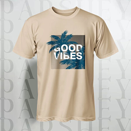 Erkek - Kadın %100 Pamuk Good Vibes Palmiye Desenli Baskılı Yarım Kollu Bisiklet Yaka T-Shirt