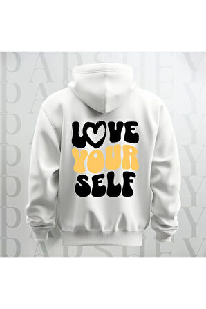 Love Your Self Sırt Baskılı Kapüşonlu Oversize Sweatshirt Hoodie Kalın Kumaş 3 İplik Şardonlu