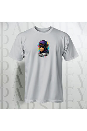 Erkek - Kadın Unisex Graffiti Maymun Baskılı Yarım Kollu Bisiklet Yaka %100 Pamuk Oversize T-shirt