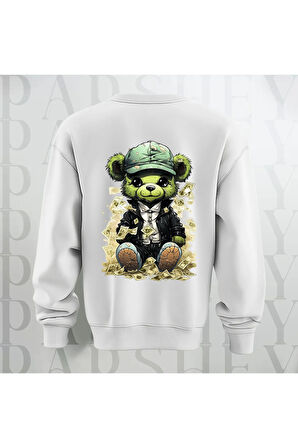 Zengin Teddy Sırt Baskılı Bisiklet Yaka Sweatshirt 3 İplik Şardonlu Oversize Kalıp Unisex