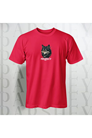 Erkek - Kadın Unisex Yarım Kollu Parshey Kurt Baskılı Bisiklet Yaka %100 Pamuk Oversize T-shirt