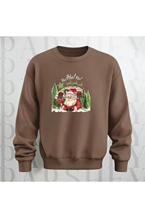 Noel Baba Ho Ho Ho! Baskılı Bisiklet Yaka Unisex Kalın Kumaş Oversize Sweatshirt 3 İplik Şardonlu