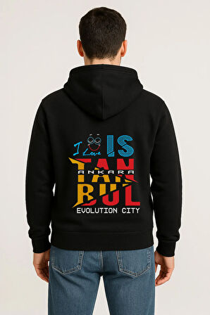 I Love İstanbul Evolution City Baskılı Oversize Hoodie – Unisex Kapüşonlu Sweatshirt