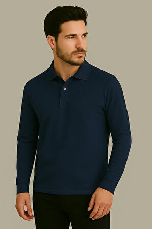Regular Fit %100 Pamuk Polo Yaka Uzun Kollu Basic T-Shirt