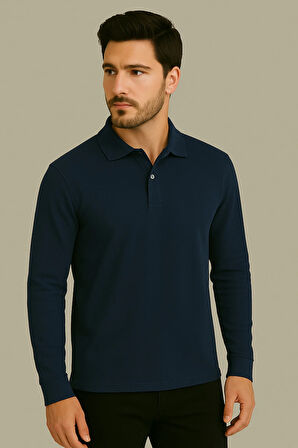 Regular Fit %100 Pamuk Polo Yaka Uzun Kollu Basic T-Shirt