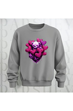 Love Teddy Deseni Baskılı Bisiklet Yaka Unisex Oversize Kalıp Sweatshirt 3 İplik Şardonlu