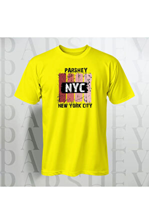 Erkek - Kadın %100 Pamuk New York City Parshey Baskılı Yarım Kollu Bisiklet Yaka T-Shirt