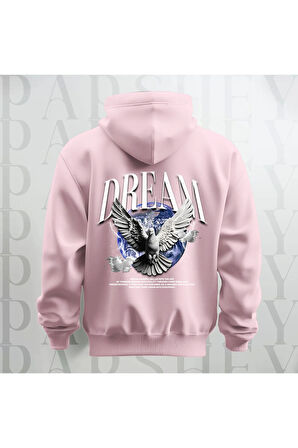 Dream Kanatlı Kuş Sırt Baskılı Kapüşonlu Oversize Sweatshirt Hoodie Kalın Kumaş 3 İplik Şardonlu