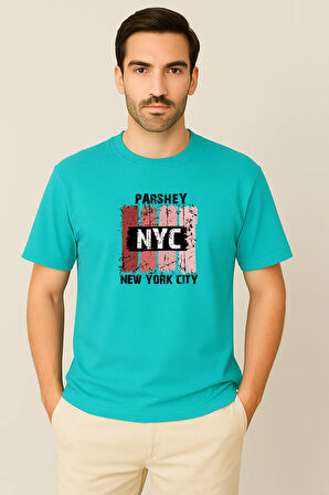 Erkek - Kadın %100 Pamuk New York City Parshey Baskılı Yarım Kollu Bisiklet Yaka T-Shirt