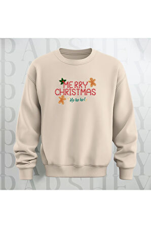 Merry Christmas Desenli Bisiklet Yaka Unisex Oversize Sweatshirt 3 İplik Şardonlu