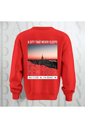New York Şehir Temalı Sırt Baskılı Oversize Bisiklet Yaka Sweatshirt 3 İplik Şardonlu