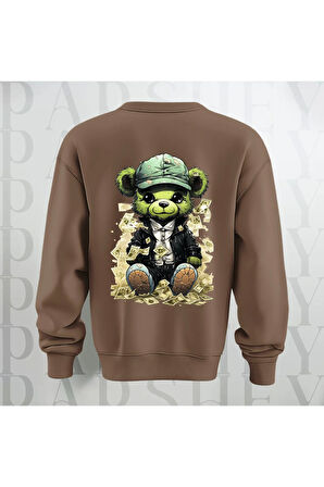 Zengin Teddy Sırt Baskılı Bisiklet Yaka Sweatshirt 3 İplik Şardonlu Oversize Kalıp Unisex