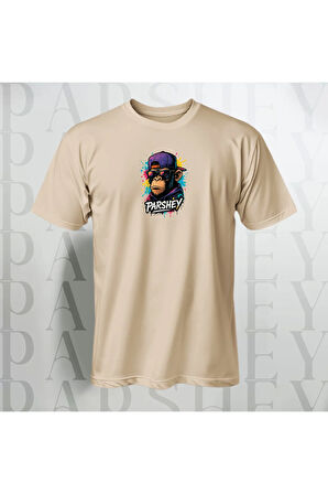 Erkek - Kadın Unisex Graffiti Maymun Baskılı Yarım Kollu Bisiklet Yaka %100 Pamuk Oversize T-shirt