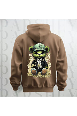 Paralı Teddy Sırt Baskılı Kapüşonlu Unisex Oversize Sweatshirt Hoodie Kalın Kumaş 3 İplik Şardonlu