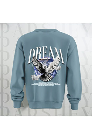 Dream Kuş Desenli Sırt Baskılı 3 İplik Şardonlu Oversize Unisex Bisiklet Yaka Sweatshirt