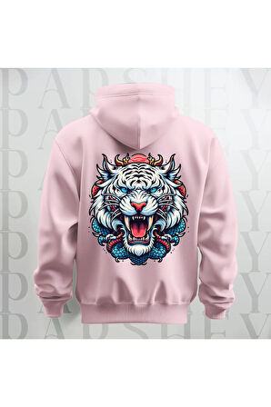 Tiger Büyük Sırt Baskılı Kapüşonlu Unisex Sweatshirt Hoodie Kalın Kumaş 3 İplik Şardonlu
