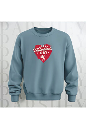 Happy Valentine's Day Kalp Desenli Oversize Bisiklet Yaka Sweatshirt 3 İplik Şardonlu