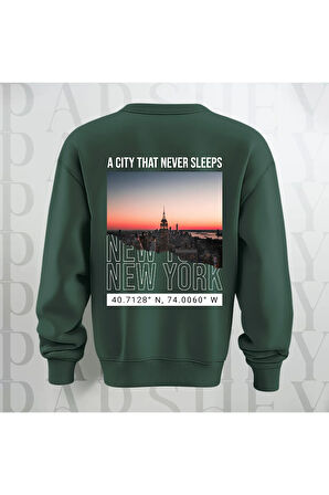New York Şehir Temalı Sırt Baskılı Oversize Bisiklet Yaka Sweatshirt 3 İplik Şardonlu