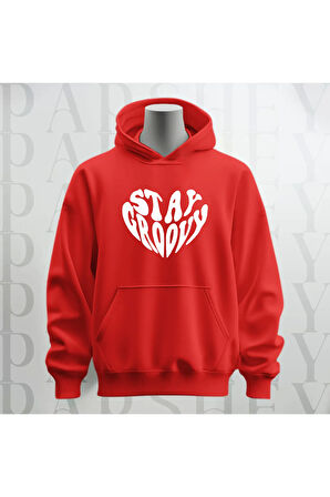 Stay Groovy Kalp Şekilli Baskılı Kapüşonlu Oversize Sweatshirt Hoodie Kalın Kumaş 3 İplik Şardonlu