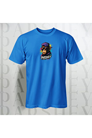 Erkek - Kadın Unisex Graffiti Maymun Baskılı Yarım Kollu Bisiklet Yaka %100 Pamuk Oversize T-shirt